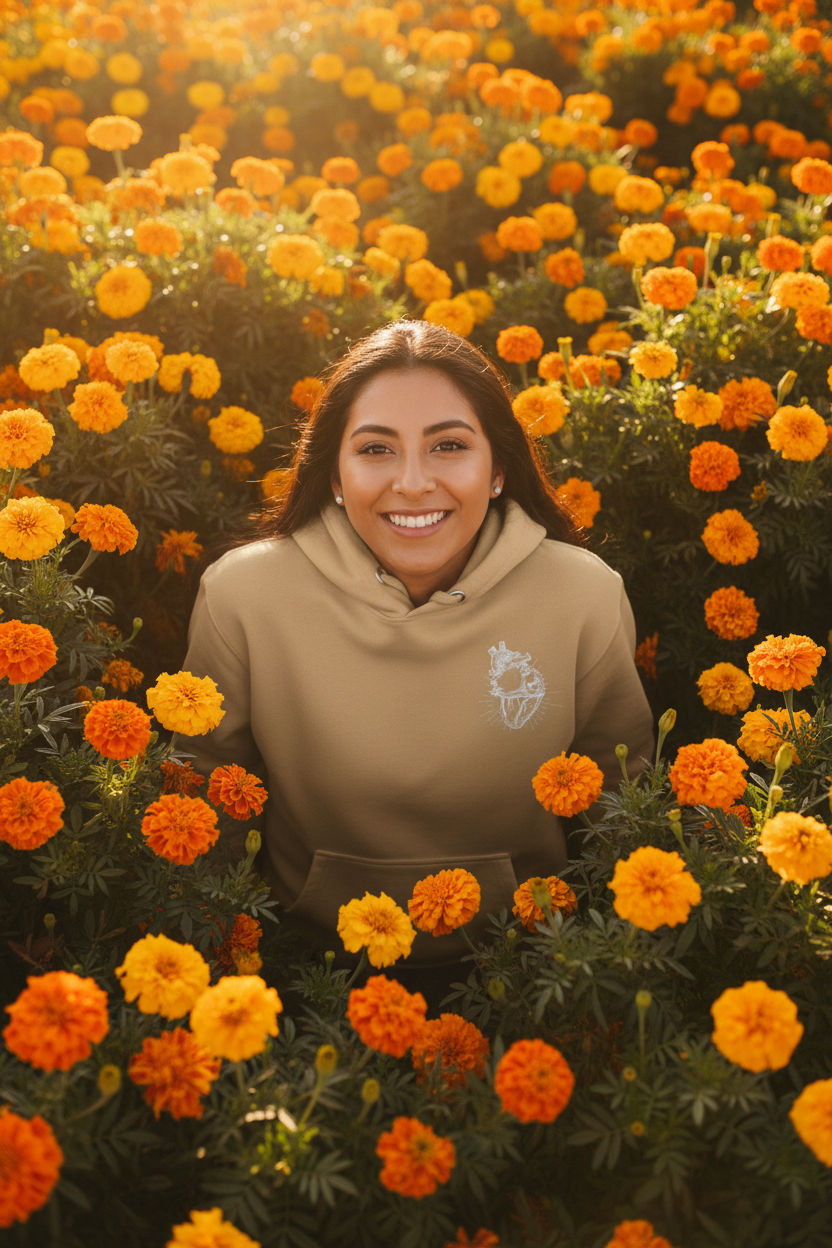 Latina in Marigolds - Front with White Heart Emblem